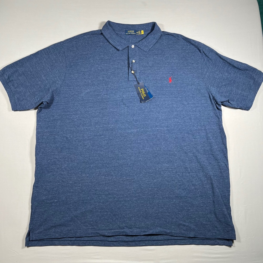 Polo Ralph Lauren Mens 4XLT Blue Heathered Iconic Mesh Polo Shirt NWT Big & Tall